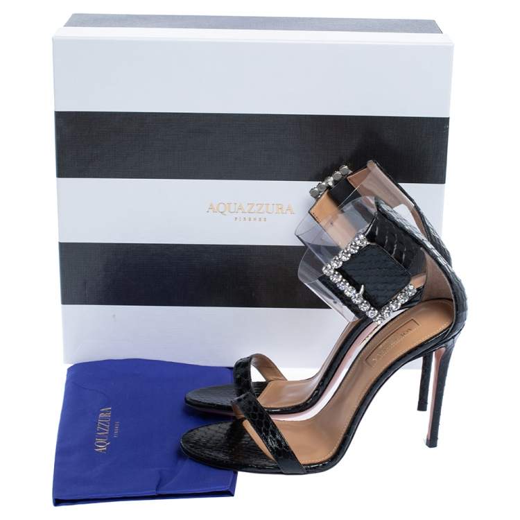Pre Owned Aquazzura Black Snake Leather And PVC Casablanca Crystal Embellished Ankle Cuff Sandals Size 37