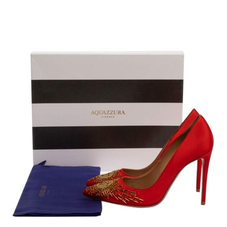 Pre Owned Aquazzura Red Moire Fabric Sunlight Embellished Pointed Toe Pumps Size 36
