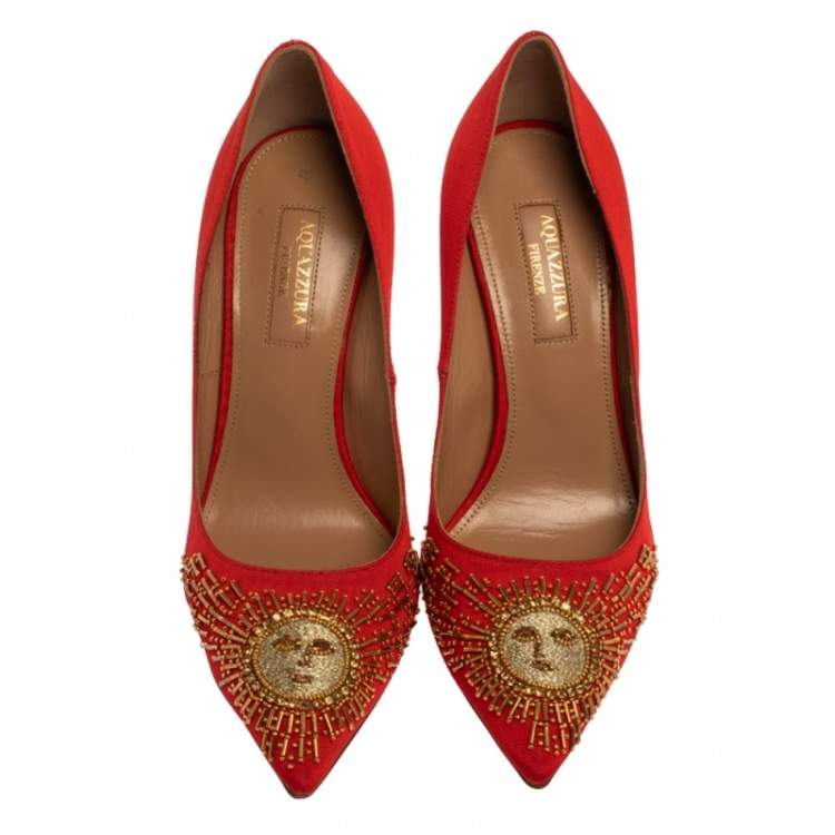 Pre Owned Aquazzura Red Moire Fabric Sunlight Embellished Pointed Toe Pumps Size 36