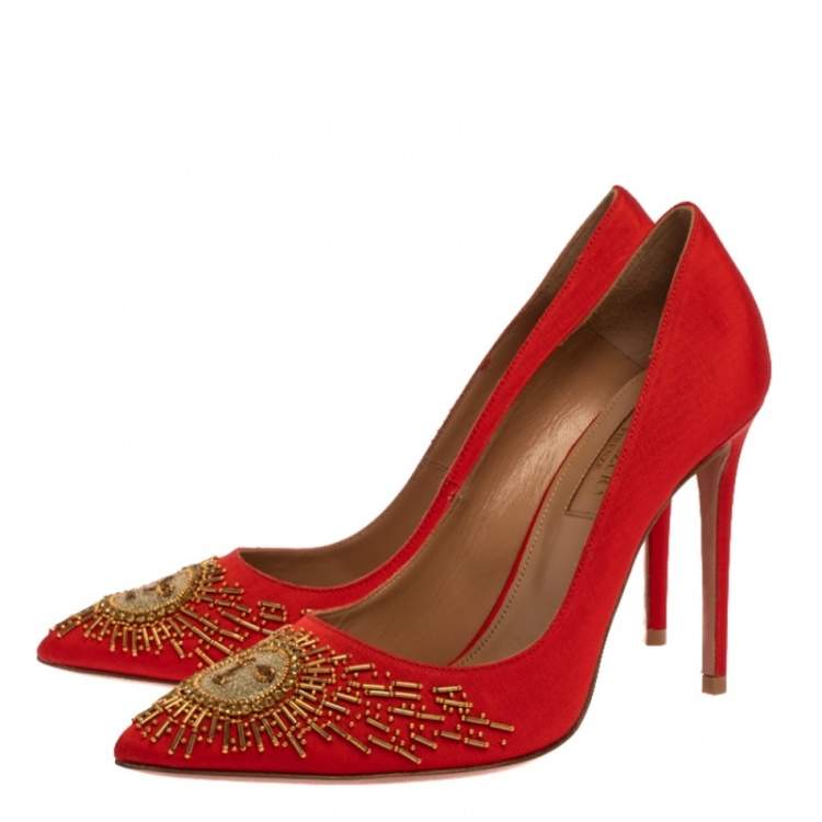 Pre Owned Aquazzura Red Moire Fabric Sunlight Embellished Pointed Toe Pumps Size 36