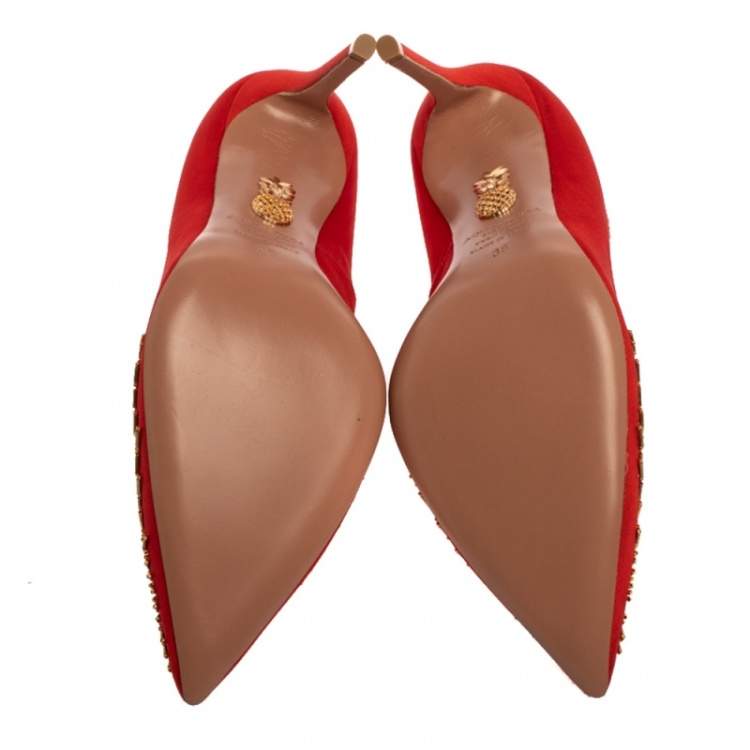 Pre Owned Aquazzura Red Moire Fabric Sunlight Embellished Pointed Toe Pumps Size 36