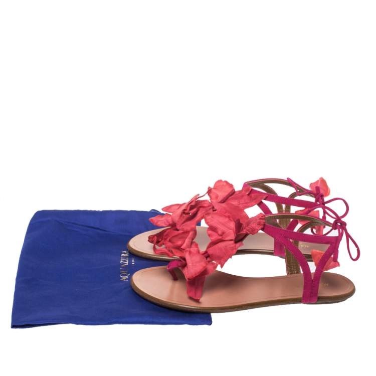 Pre Owned Aquazzura Fuchsia Suede 'Flora' Ankle Tie Flat Sandals Size 37