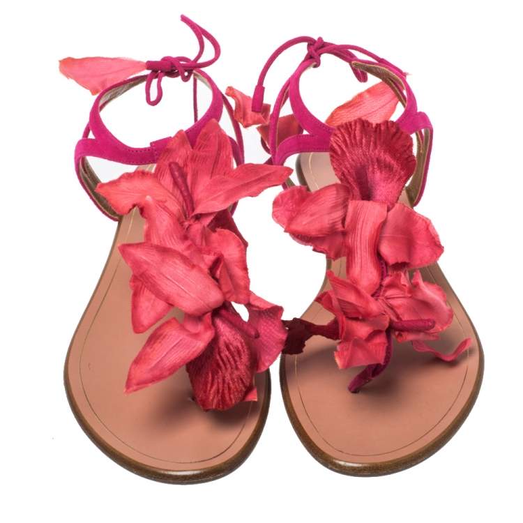 Pre Owned Aquazzura Fuchsia Suede 'Flora' Ankle Tie Flat Sandals Size 37
