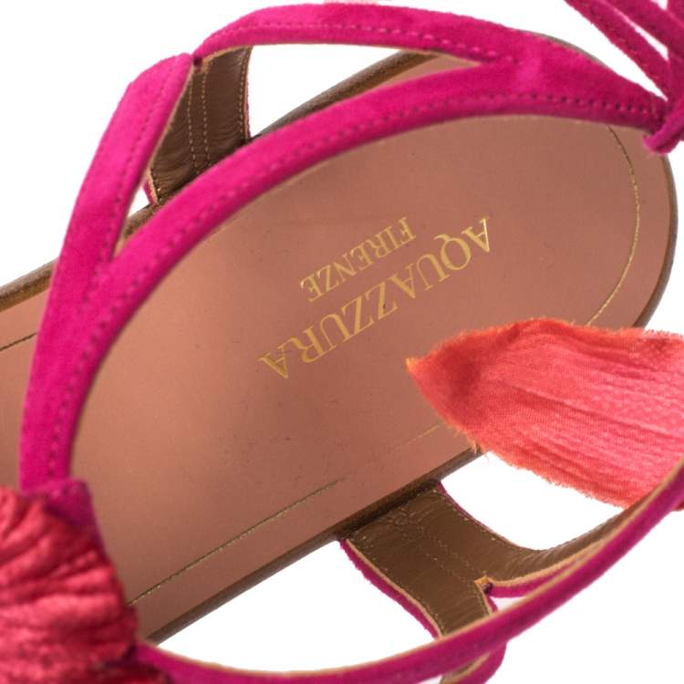 Pre Owned Aquazzura Fuchsia Suede 'Flora' Ankle Tie Flat Sandals Size 37