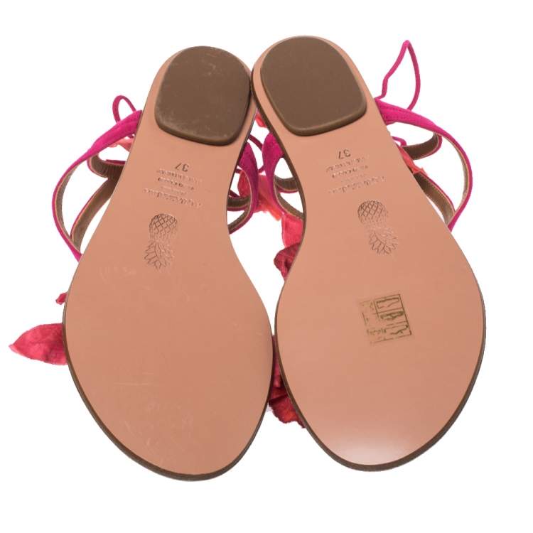 Pre Owned Aquazzura Fuchsia Suede 'Flora' Ankle Tie Flat Sandals Size 37