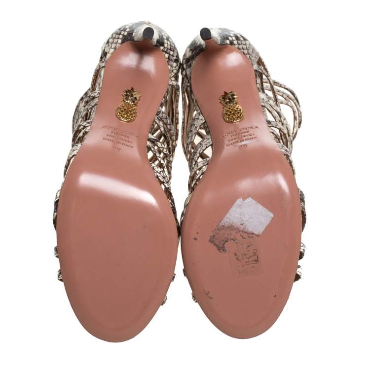 Pre Owned Aquazzura Brown Python Embossed Leather Knockout Sandals Size 39