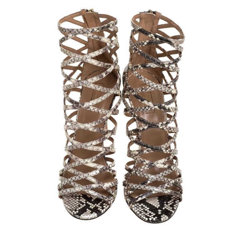 Pre Owned Aquazzura Brown Python Embossed Leather Knockout Sandals Size 39
