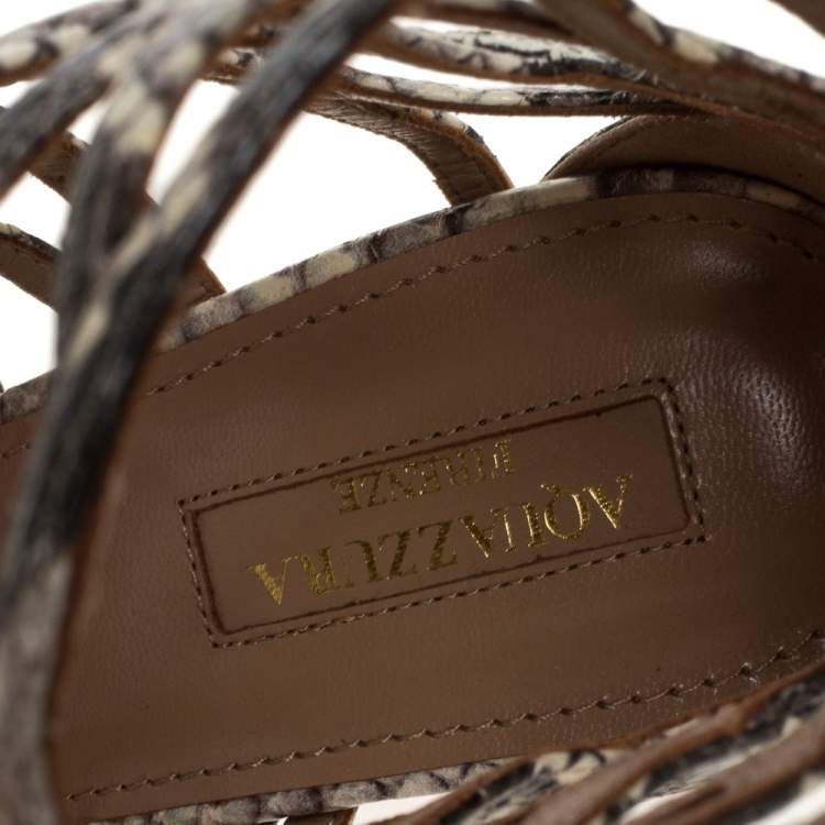 Pre Owned Aquazzura Brown Python Embossed Leather Knockout Sandals Size 39