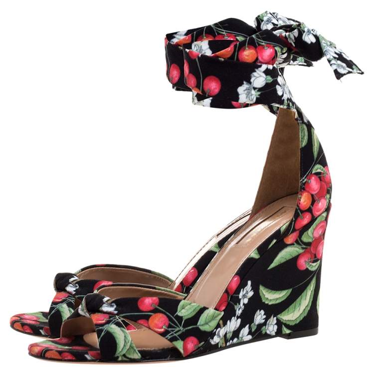 Pre Owned Aquazzura Multiclor Fabric Wedge Ankle Wrap Sandals Size 37