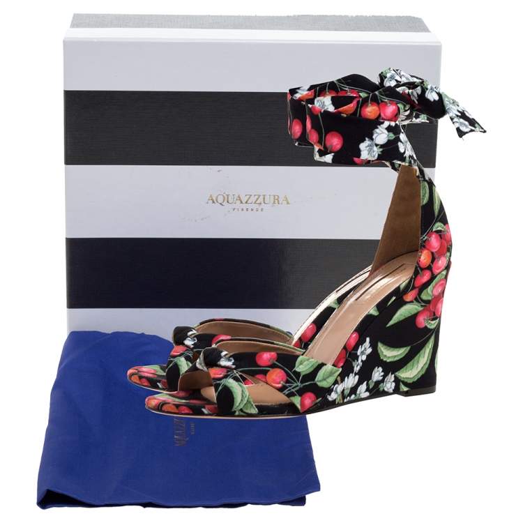 Pre Owned Aquazzura Multiclor Fabric Wedge Ankle Wrap Sandals Size 37