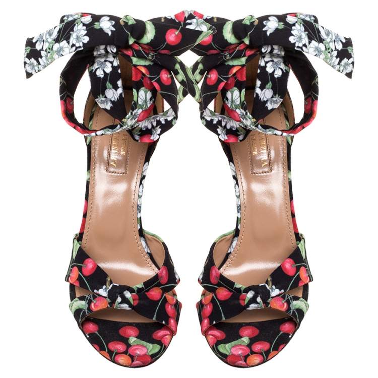 Pre Owned Aquazzura Multiclor Fabric Wedge Ankle Wrap Sandals Size 37