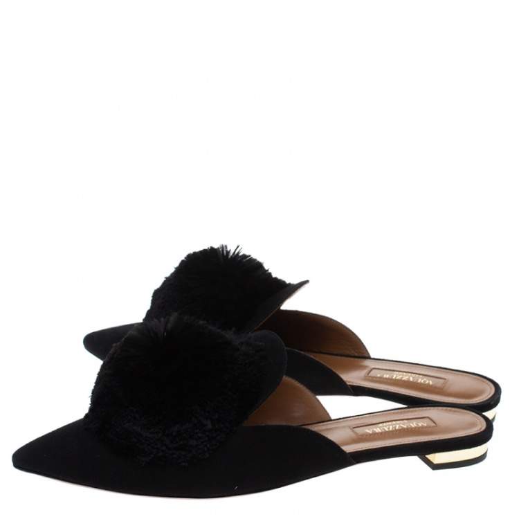 Pre Owned Aquazzura Black Suede Powder Puff Pom Pom Mules Size 37
