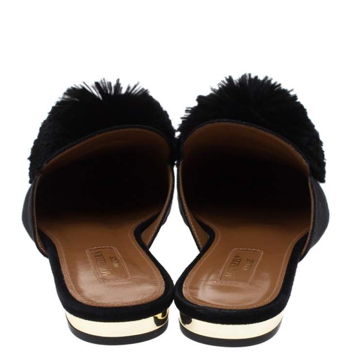 Pre Owned Aquazzura Black Suede Powder Puff Pom Pom Mules Size 37