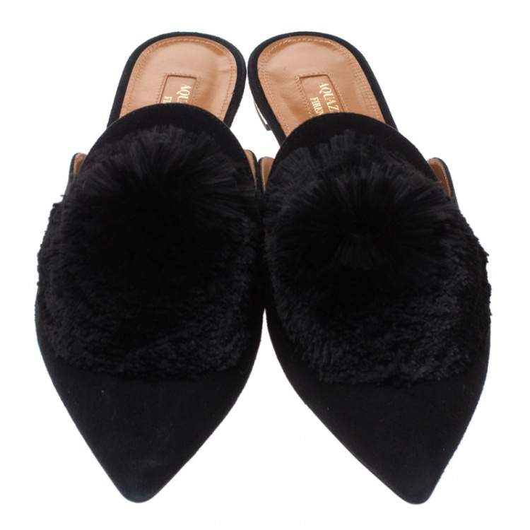 Pre Owned Aquazzura Black Suede Powder Puff Pom Pom Mules Size 37