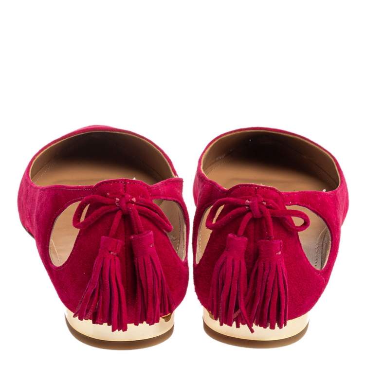 Pre Owned Aquazzura Pink Suede Leather Forever Marilyn Fringe Ballet Flats Size 39