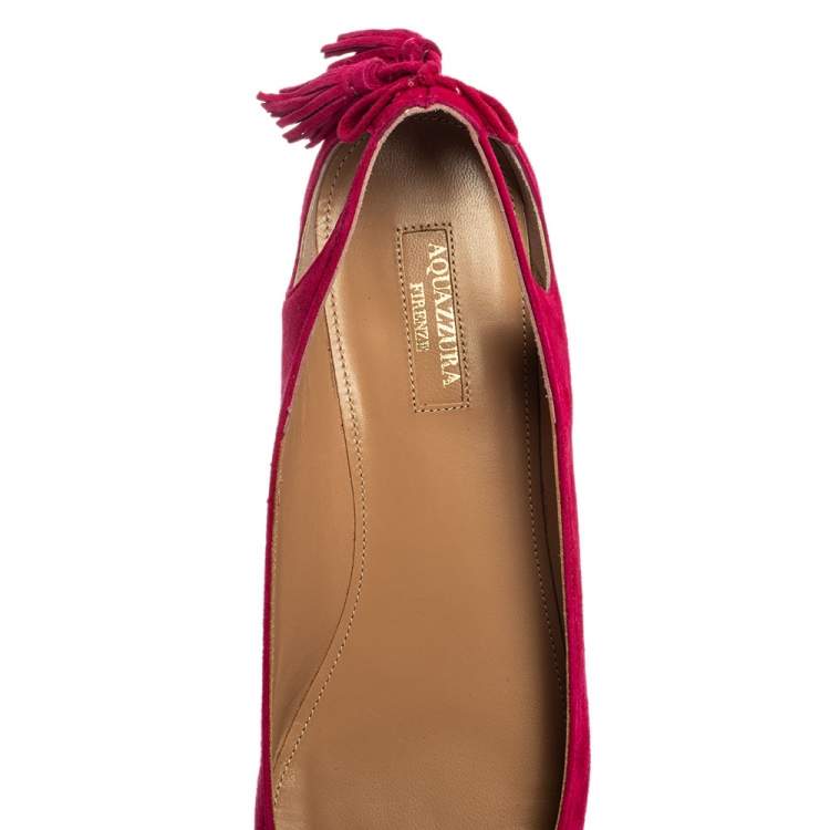Pre Owned Aquazzura Pink Suede Leather Forever Marilyn Fringe Ballet Flats Size 39