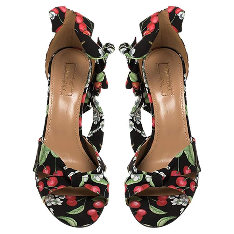 مملوكة مسبقًا Aquazzura Multicolor Cherry Blossom Print Fabric All Tied Up Sandals Size 40