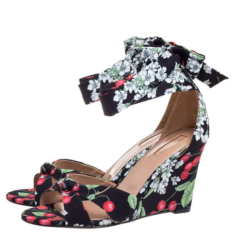Pre Owned Aquazzura Multicolor Fabric Cherry Bloosom Ankle Wrap Wedge Sandals Size 39.5