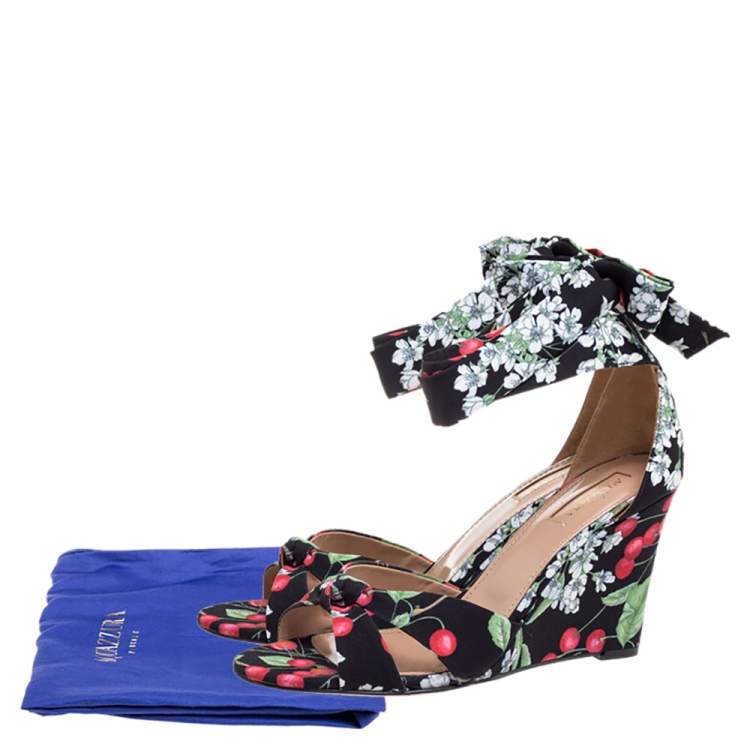 Pre Owned Aquazzura Multicolor Fabric Cherry Bloosom Ankle Wrap Wedge Sandals Size 39.5