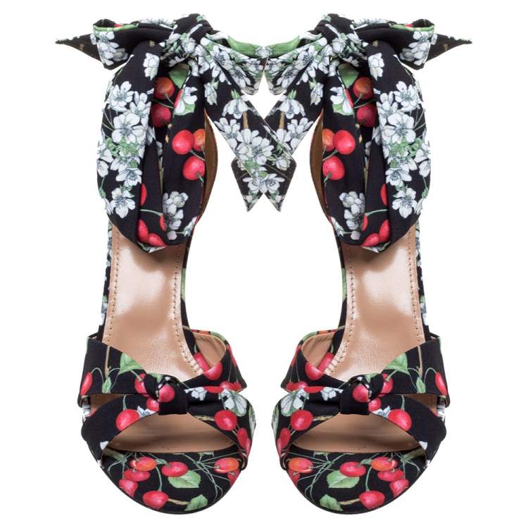 Pre Owned Aquazzura Multicolor Fabric Cherry Bloosom Ankle Wrap Wedge Sandals Size 39.5