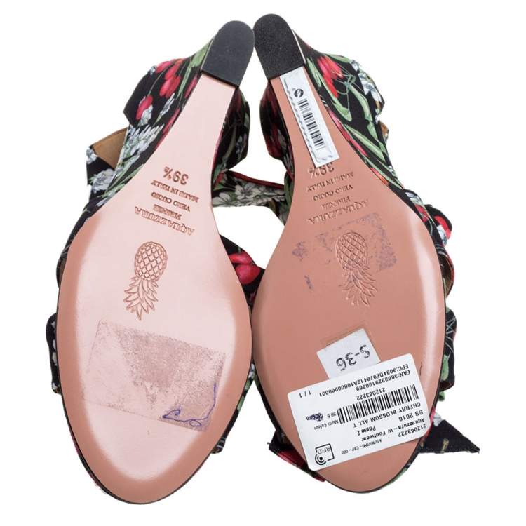 Pre Owned Aquazzura Multicolor Fabric Cherry Bloosom Ankle Wrap Wedge Sandals Size 39.5