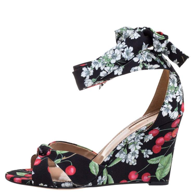 Pre Owned Aquazzura Multicolor Fabric Cherry Bloosom Ankle Wrap Wedge Sandals Size 39.5
