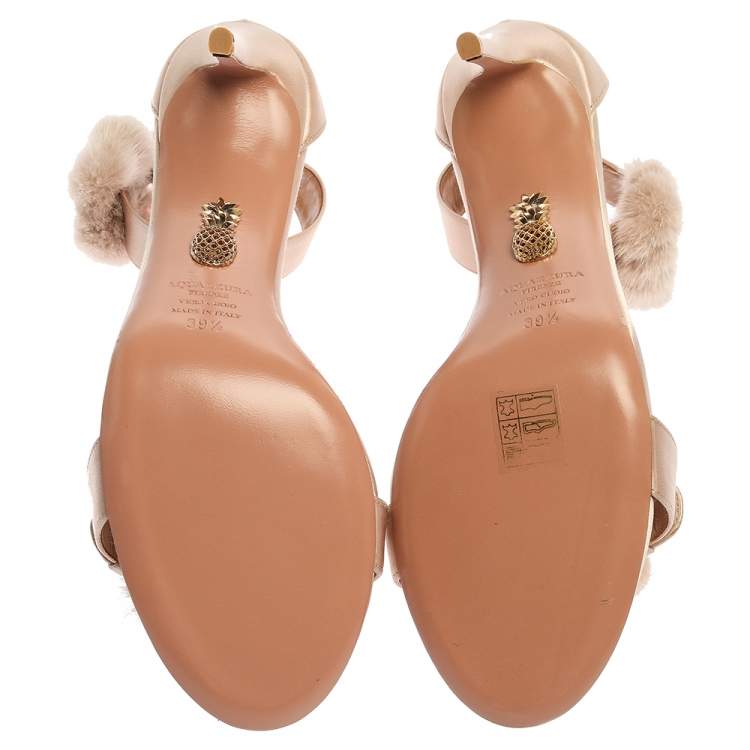 Pre Owned Aquazzura Beige Satin And Mink Fur Sinatra Ankle Cuff Sandals Size 39.5