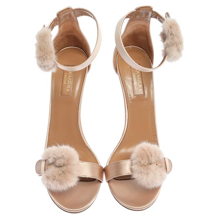 Pre Owned Aquazzura Beige Satin And Mink Fur Sinatra Ankle Cuff Sandals Size 39.5