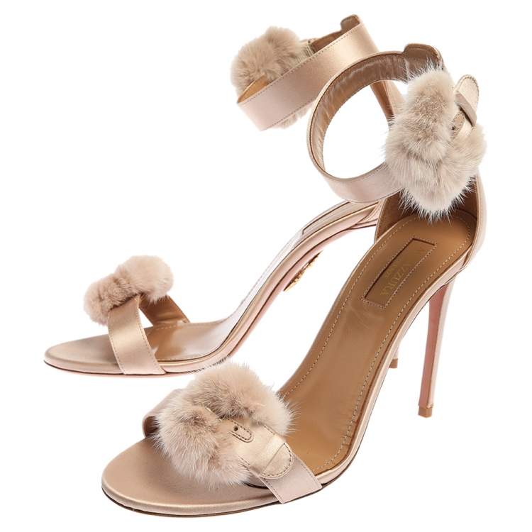 Pre Owned Aquazzura Beige Satin And Mink Fur Sinatra Ankle Cuff Sandals Size 39.5
