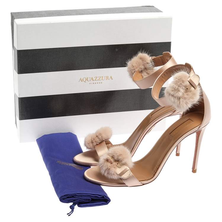 Pre Owned Aquazzura Beige Satin And Mink Fur Sinatra Ankle Cuff Sandals Size 39.5