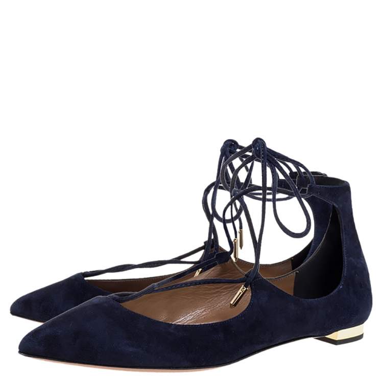 Pre Owned Aquazzura Navy Blue Suede Christy Lace Up Pointed Toe Flats Size 37