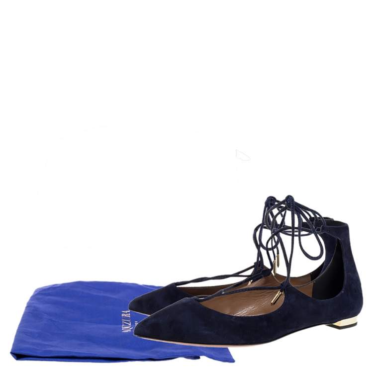 Pre Owned Aquazzura Navy Blue Suede Christy Lace Up Pointed Toe Flats Size 37