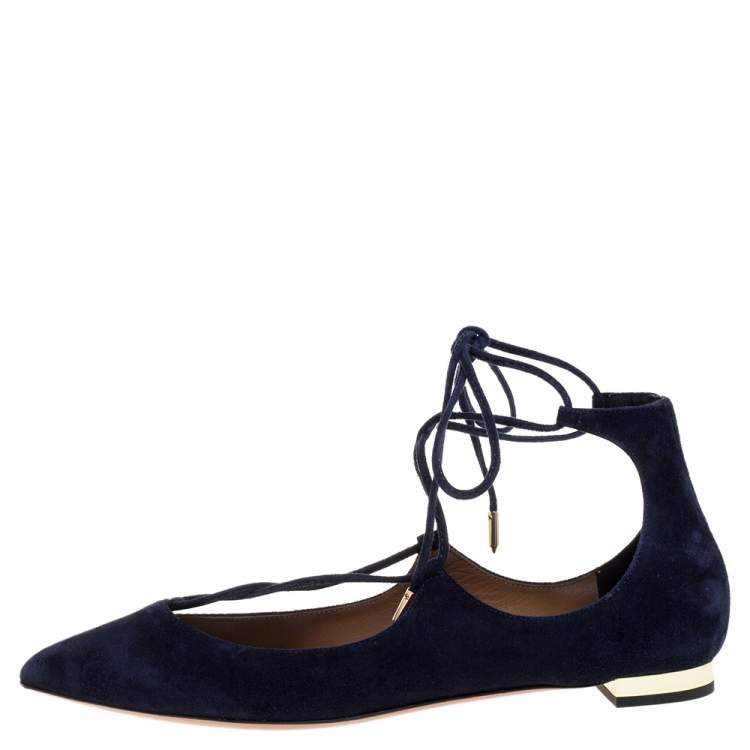 Pre Owned Aquazzura Navy Blue Suede Christy Lace Up Pointed Toe Flats Size 37