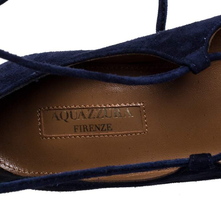 Pre Owned Aquazzura Navy Blue Suede Christy Lace Up Pointed Toe Flats Size 37