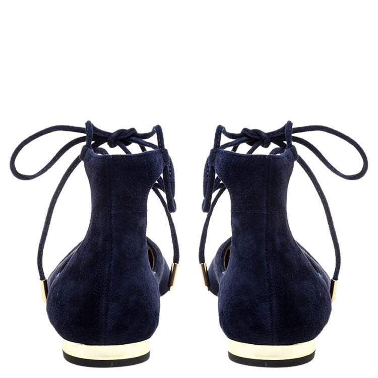 Pre Owned Aquazzura Navy Blue Suede Christy Lace Up Pointed Toe Flats Size 37
