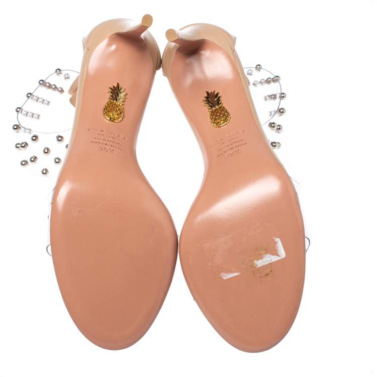 Pre Owned Aquazzura Nude Beige PVC and Leather Illusion Studded Sandals Size 38.5
