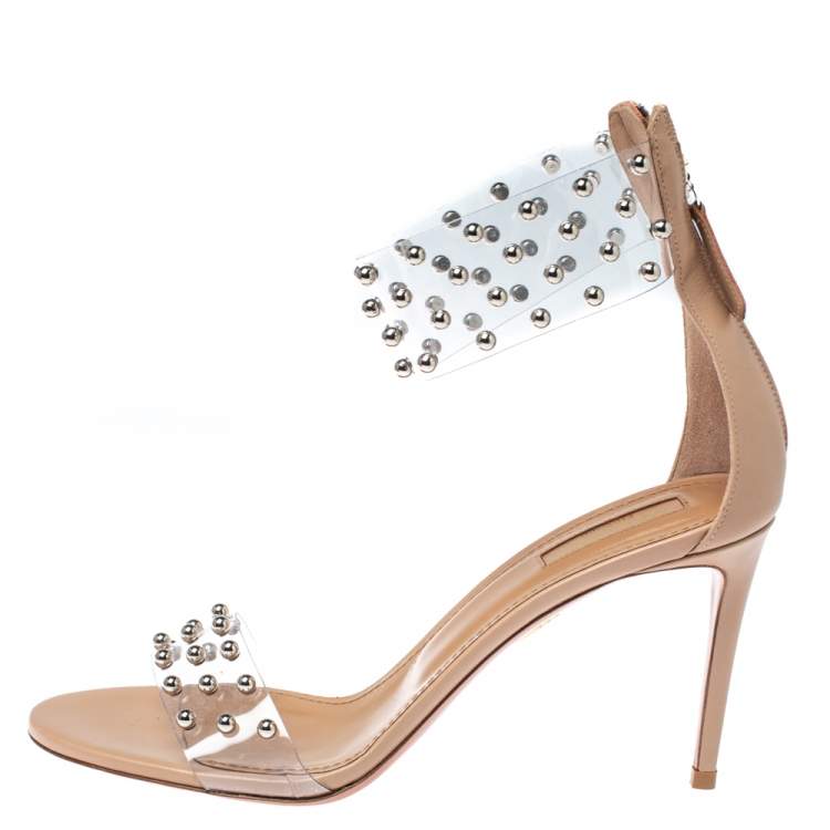 Pre Owned Aquazzura Nude Beige PVC and Leather Illusion Studded Sandals Size 38.5