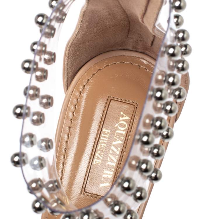 Pre Owned Aquazzura Nude Beige PVC and Leather Illusion Studded Sandals Size 38.5