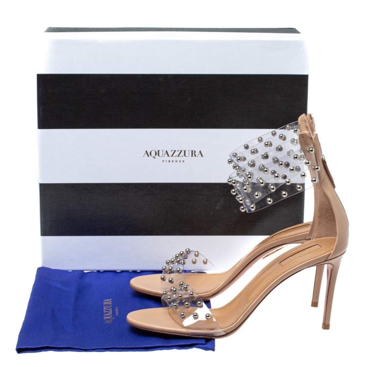 Pre Owned Aquazzura Nude Beige PVC and Leather Illusion Studded Sandals Size 38.5