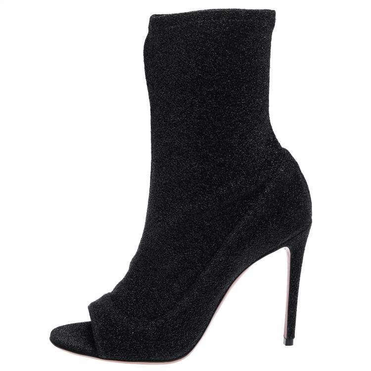 Pre Owned Aquazzura Black Lurex Fabric Eclair Peep Toe Ankle Boots Size 38