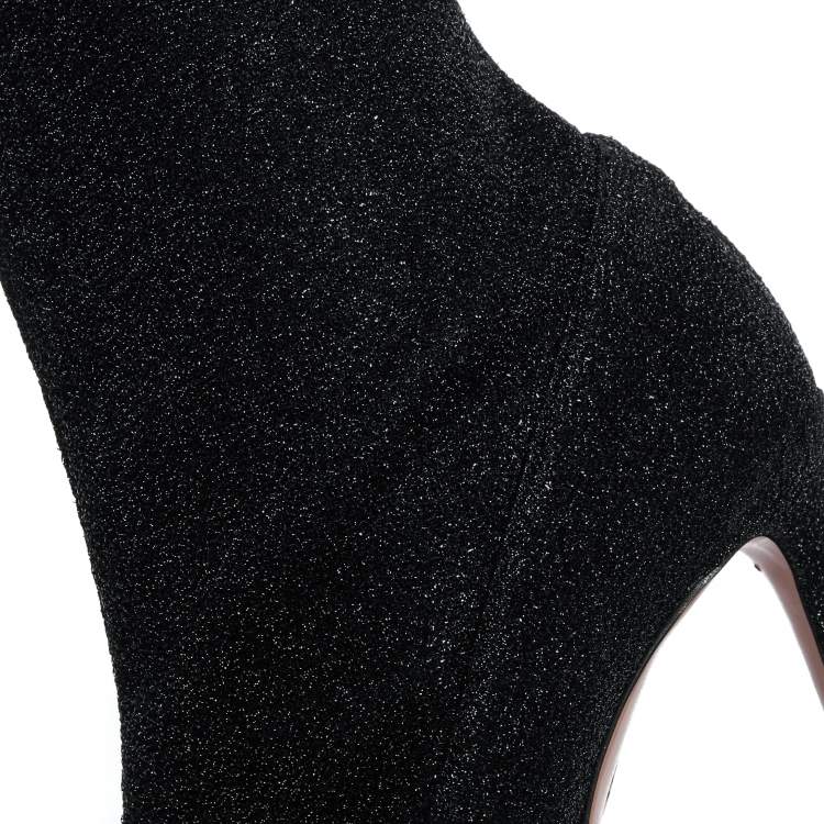 Pre Owned Aquazzura Black Lurex Fabric Eclair Peep Toe Ankle Boots Size 38