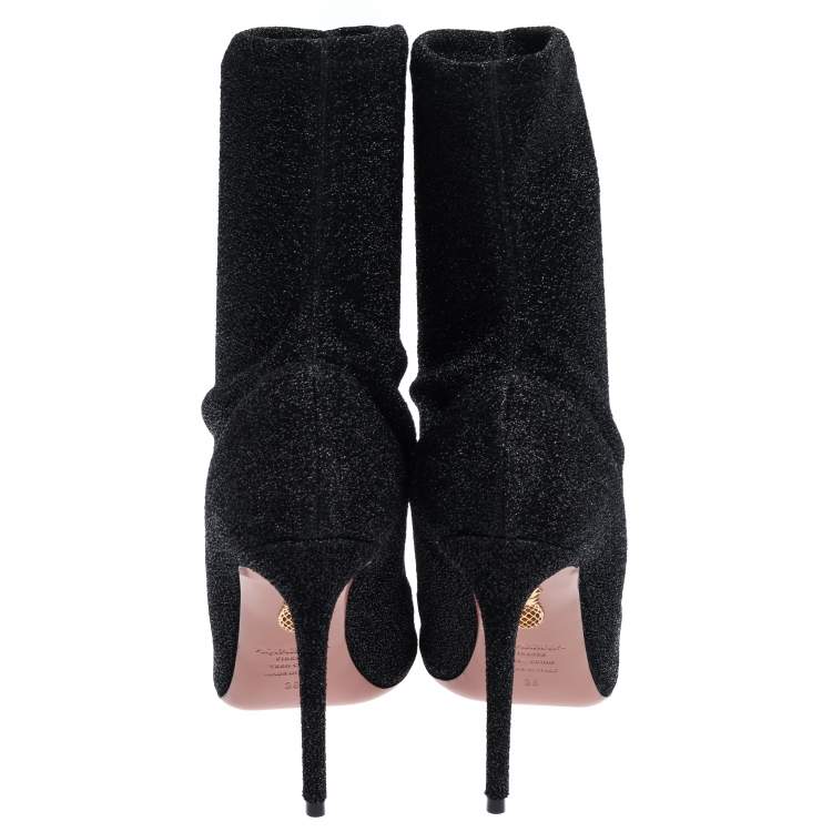 Pre Owned Aquazzura Black Lurex Fabric Eclair Peep Toe Ankle Boots Size 38