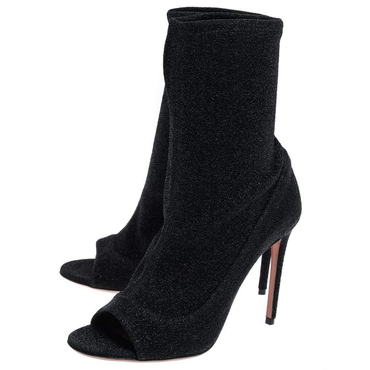 Pre Owned Aquazzura Black Lurex Fabric Eclair Peep Toe Ankle Boots Size 38