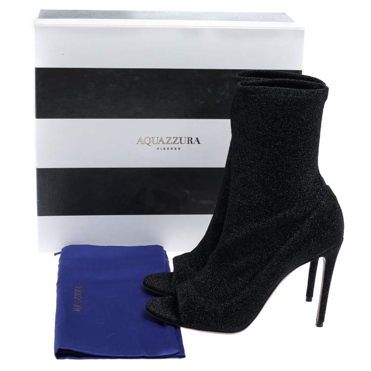 Pre Owned Aquazzura Black Lurex Fabric Eclair Peep Toe Ankle Boots Size 38