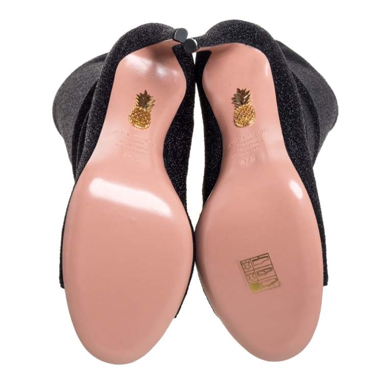 Pre Owned Aquazzura Black Lurex Fabric Eclair Peep Toe Ankle Boots Size 37.5