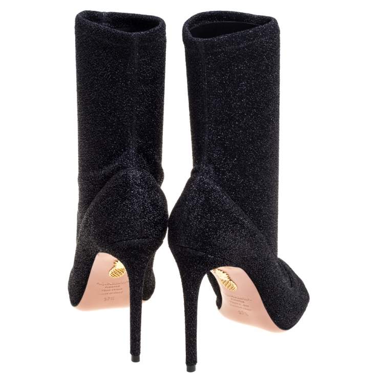 Pre Owned Aquazzura Black Lurex Fabric Eclair Peep Toe Ankle Boots Size 37.5