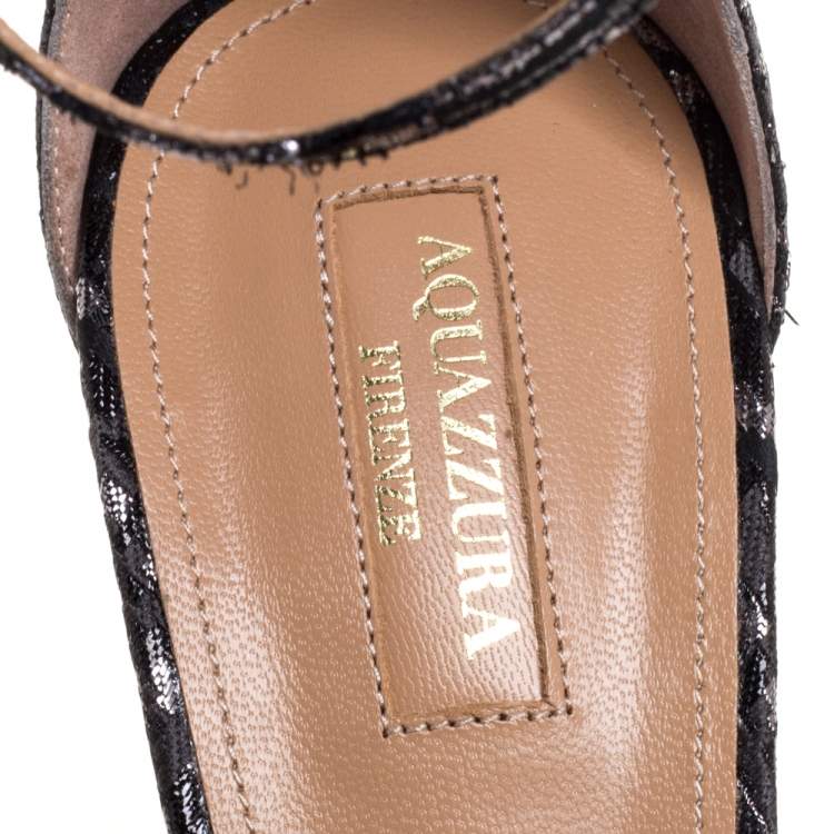 Pre Owned Aquazzura Black/Grey Disco Jacquard Fabric Capucine Ankle Strap Sandals Size 40