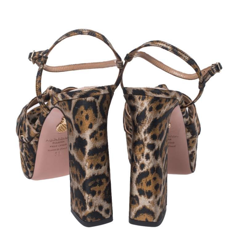 Pre Owned Aquazzura Caramel Leopard Print Jacquard Fabric Baba Plateau Platform Ankle Strap Sandals Size 38