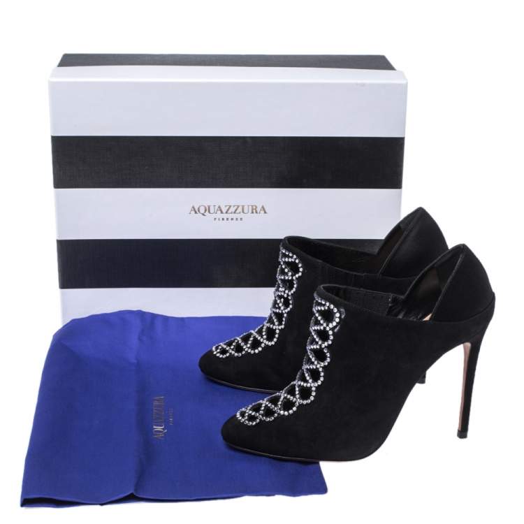 Pre Owned Aquazzura Black Suede Leather And Satin Amour Crystal Embellished Ankle Booties Size 37.5