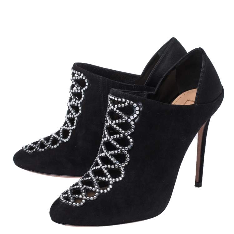 Pre Owned Aquazzura Black Suede Leather And Satin Amour Crystal Embellished Ankle Booties Size 37.5
